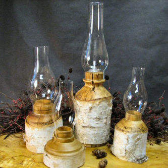 Turned birch log hurricain lamps